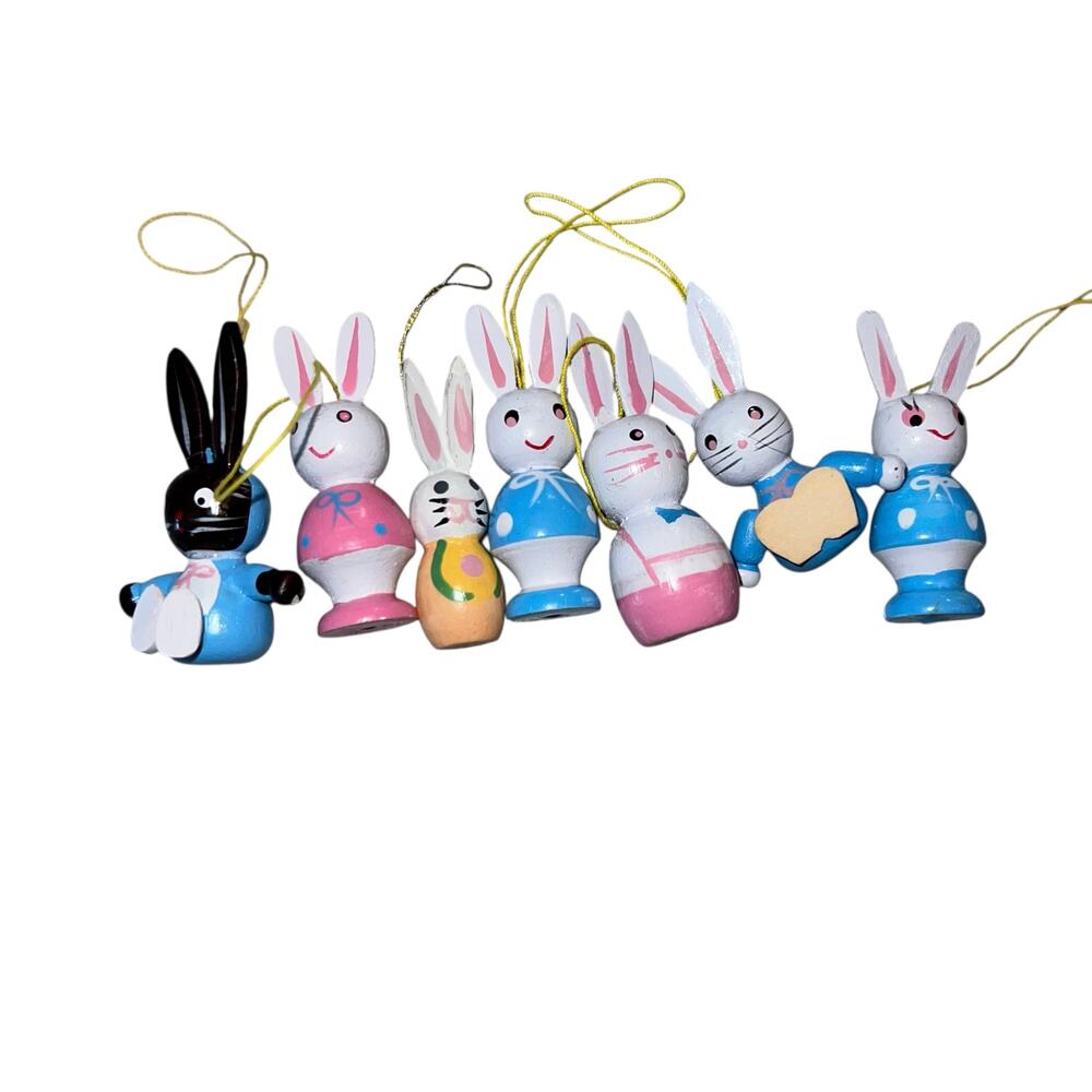 Vintage Easter Bunnies pastel wooden hand painted ornament figurine lot